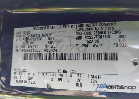 2003 Ford E-150 Recreational from USA, damaged, VIN 1FDRE14L03HA63474